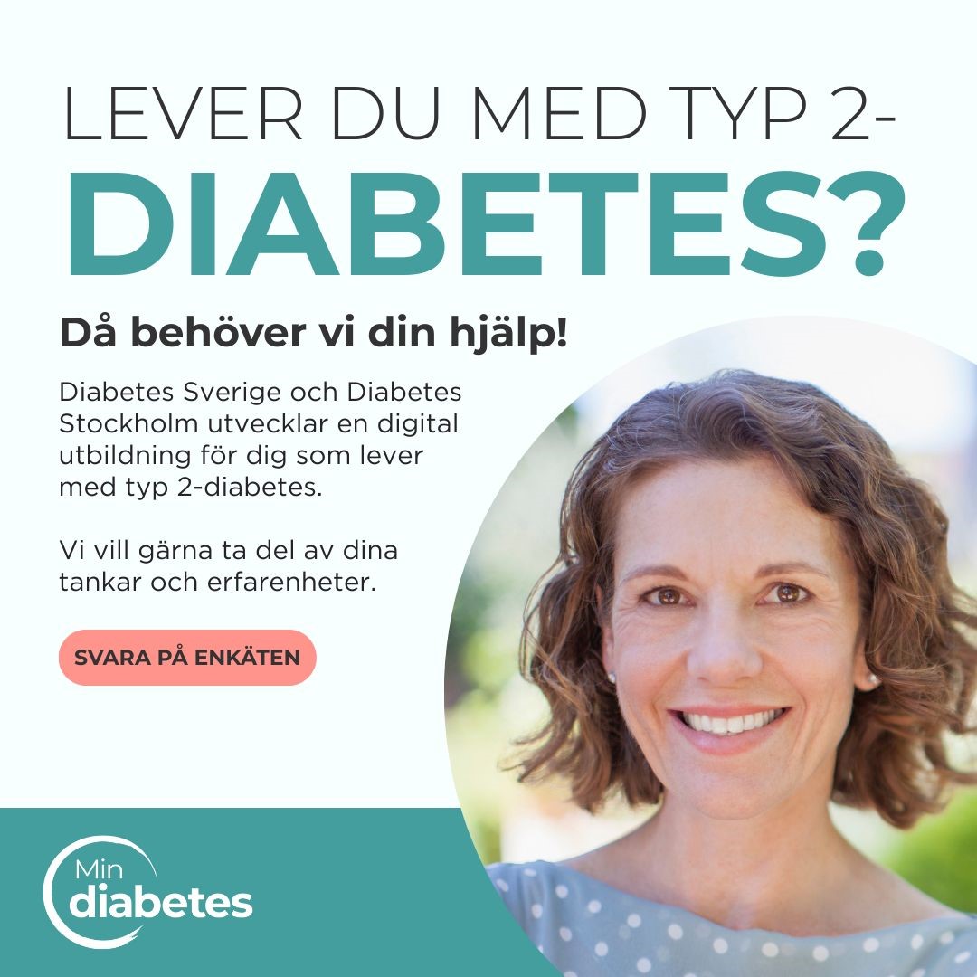 Mörkhårig kvinna som ler med text Lever du med typ 2-diabetes?